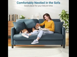 2/3 asientos en terciopelo de Teddy, sofá de comodidad correcta en madera maciza, loveseat con reposabrazos, 165x78x89cm, azul-gris