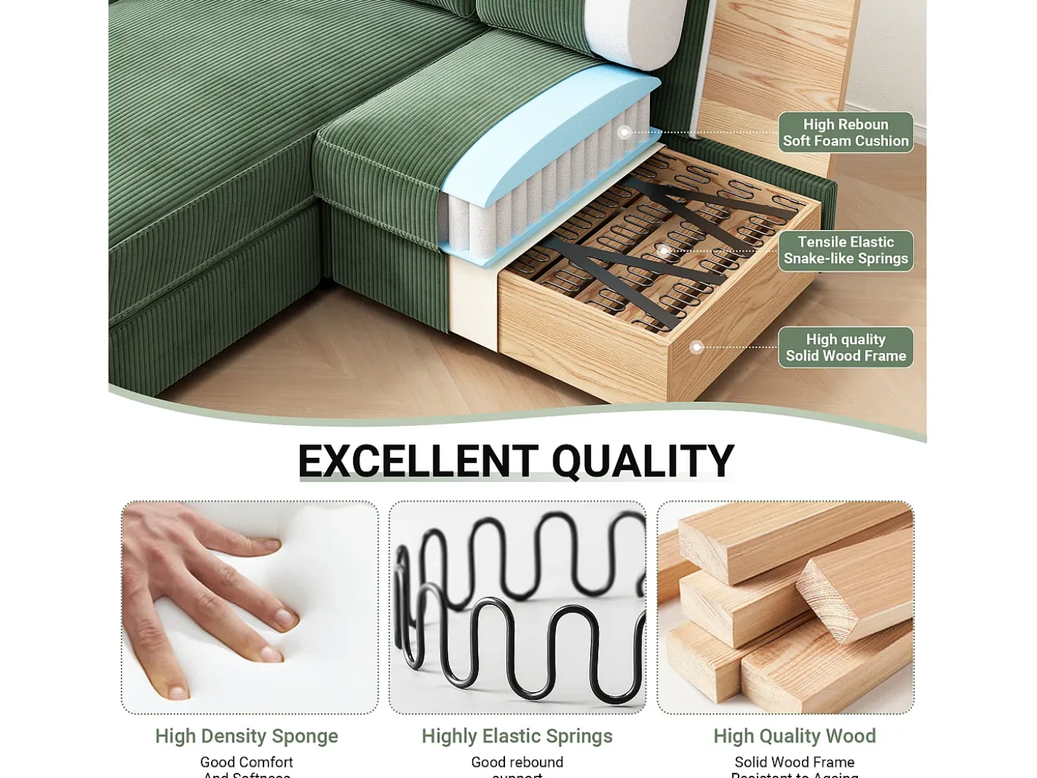 2 -Seater Corner Sofa - ángulo reversible derecho / izquierda - 180x140x86cm - en tela de terciopelo acanalado - carga máxima de 300 kg - verde