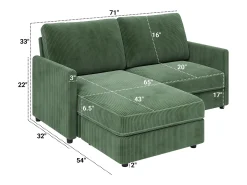 2 -Seater Corner Sofa - ángulo reversible derecho / izquierda - 180x140x86cm - en tela de terciopelo acanalado - carga máxima de 300 kg - verde