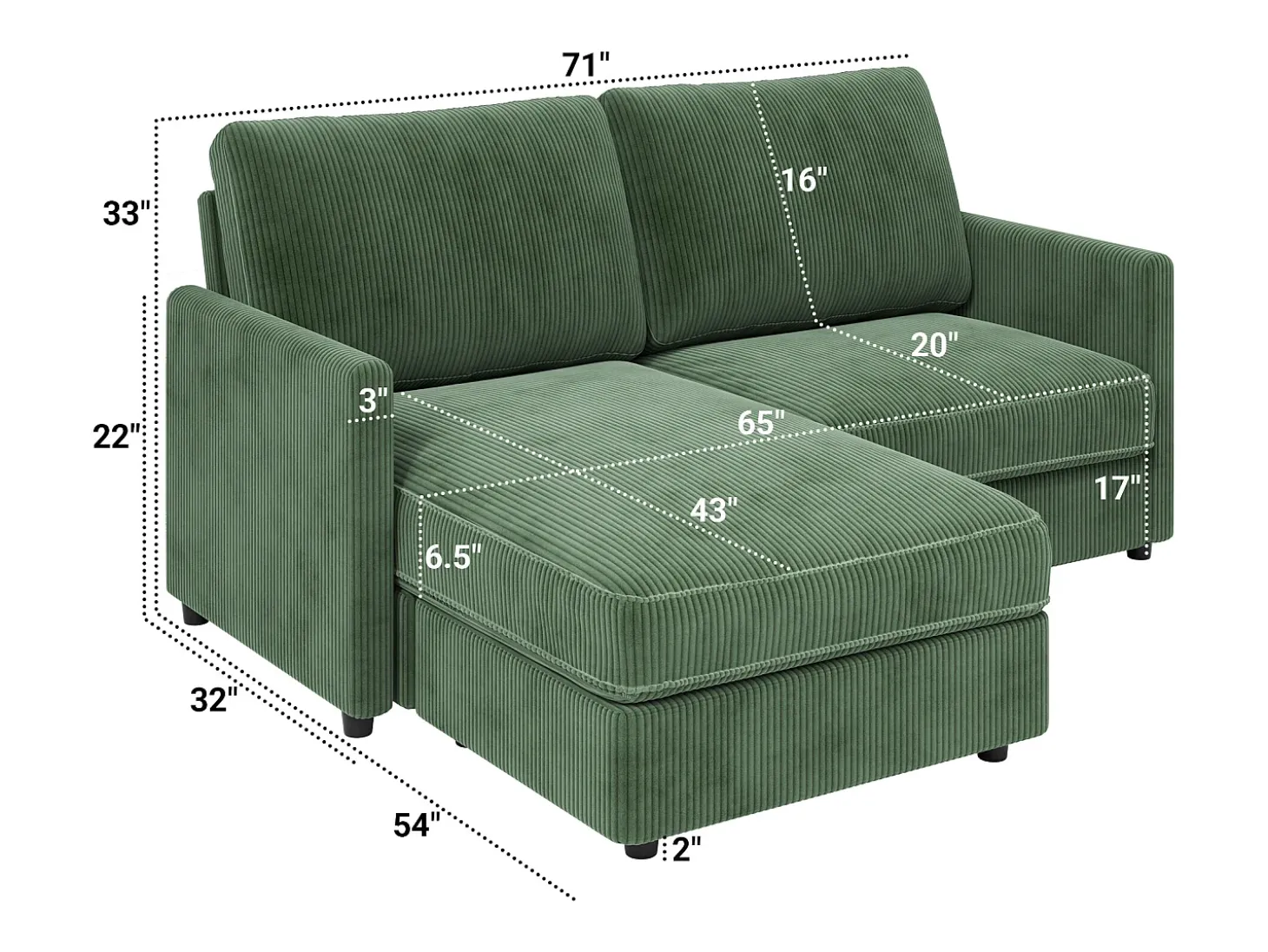 2 -Seater Corner Sofa - ángulo reversible derecho / izquierda - 180x140x86cm - en tela de terciopelo acanalado - carga máxima de 300 kg - verde