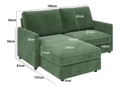 2 -Seater Corner Sofa - ángulo reversible derecho / izquierda - 180x140x86cm - en tela de terciopelo acanalado - carga máxima de 300 kg - verde