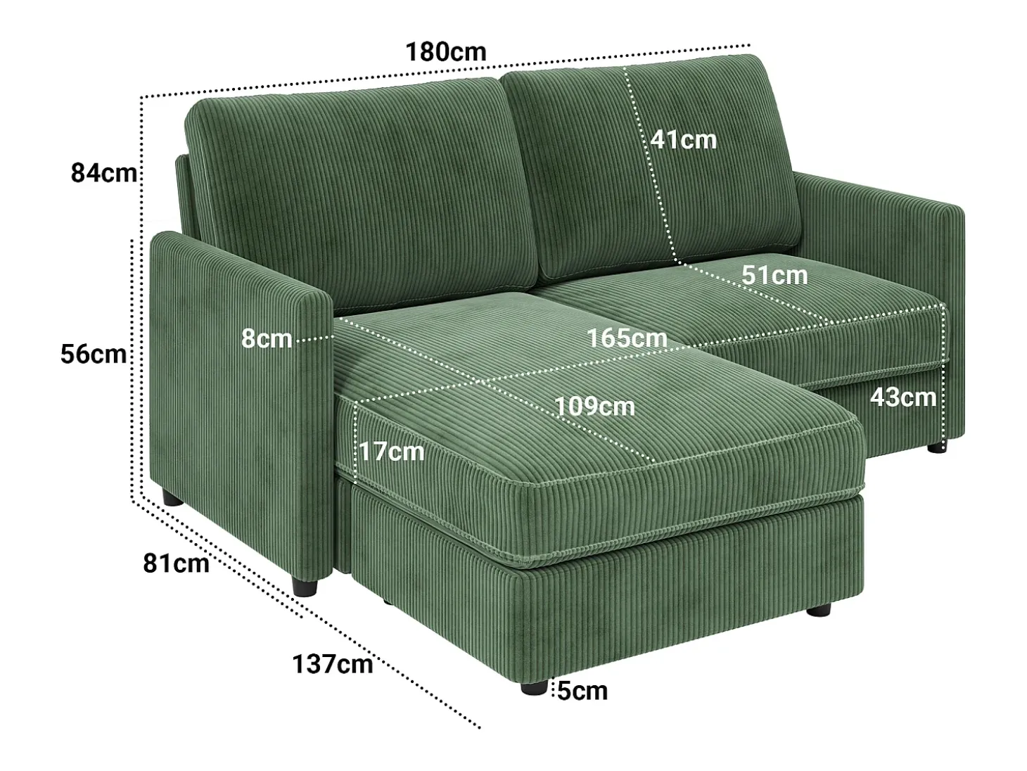 2 -Seater Corner Sofa - ángulo reversible derecho / izquierda - 180x140x86cm - en tela de terciopelo acanalado - carga máxima de 300 kg - verde
