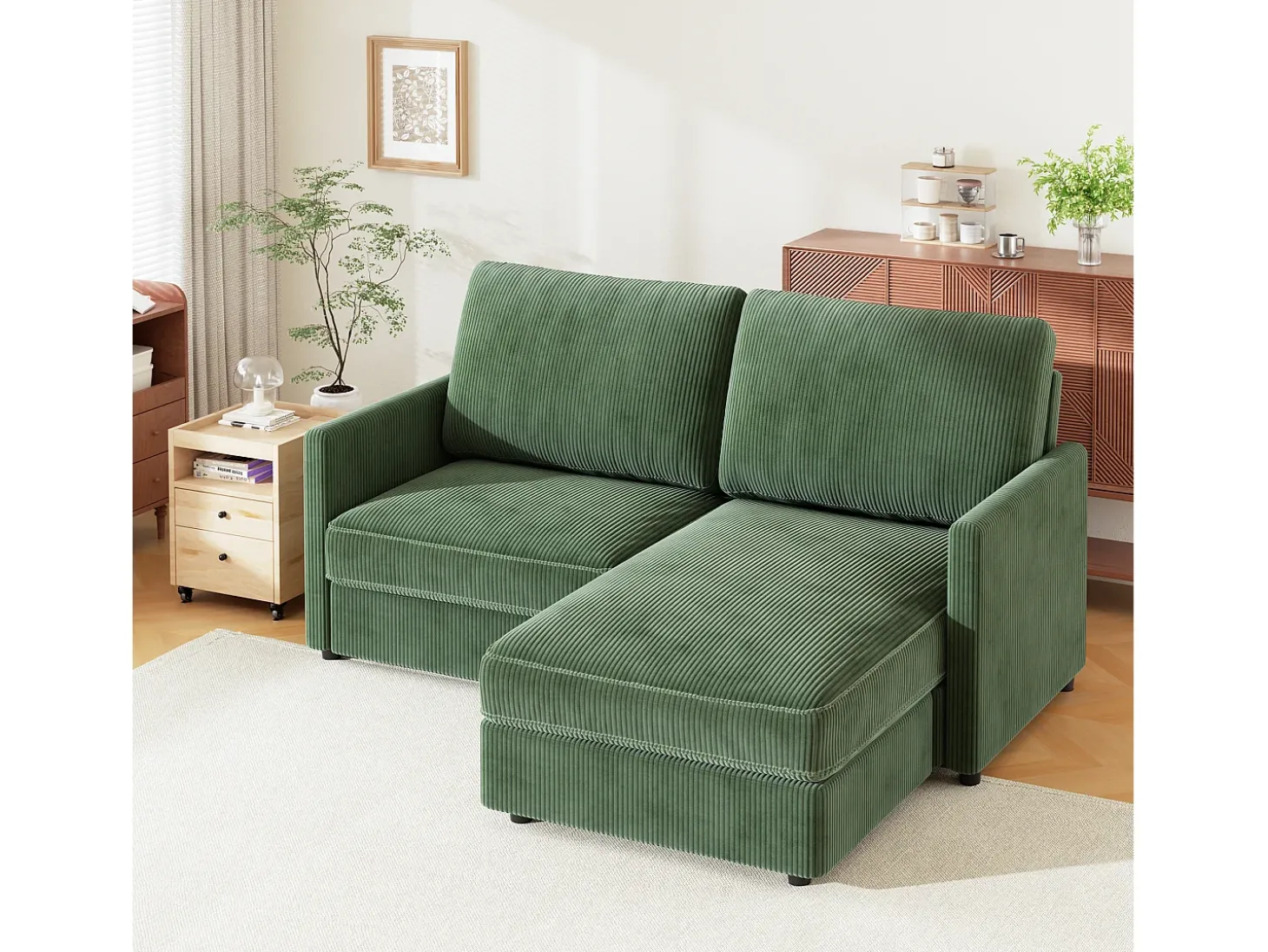 2 -Seater Corner Sofa - ángulo reversible derecho / izquierda - 180x140x86cm - en tela de terciopelo acanalado - carga máxima de 300 kg - verde
