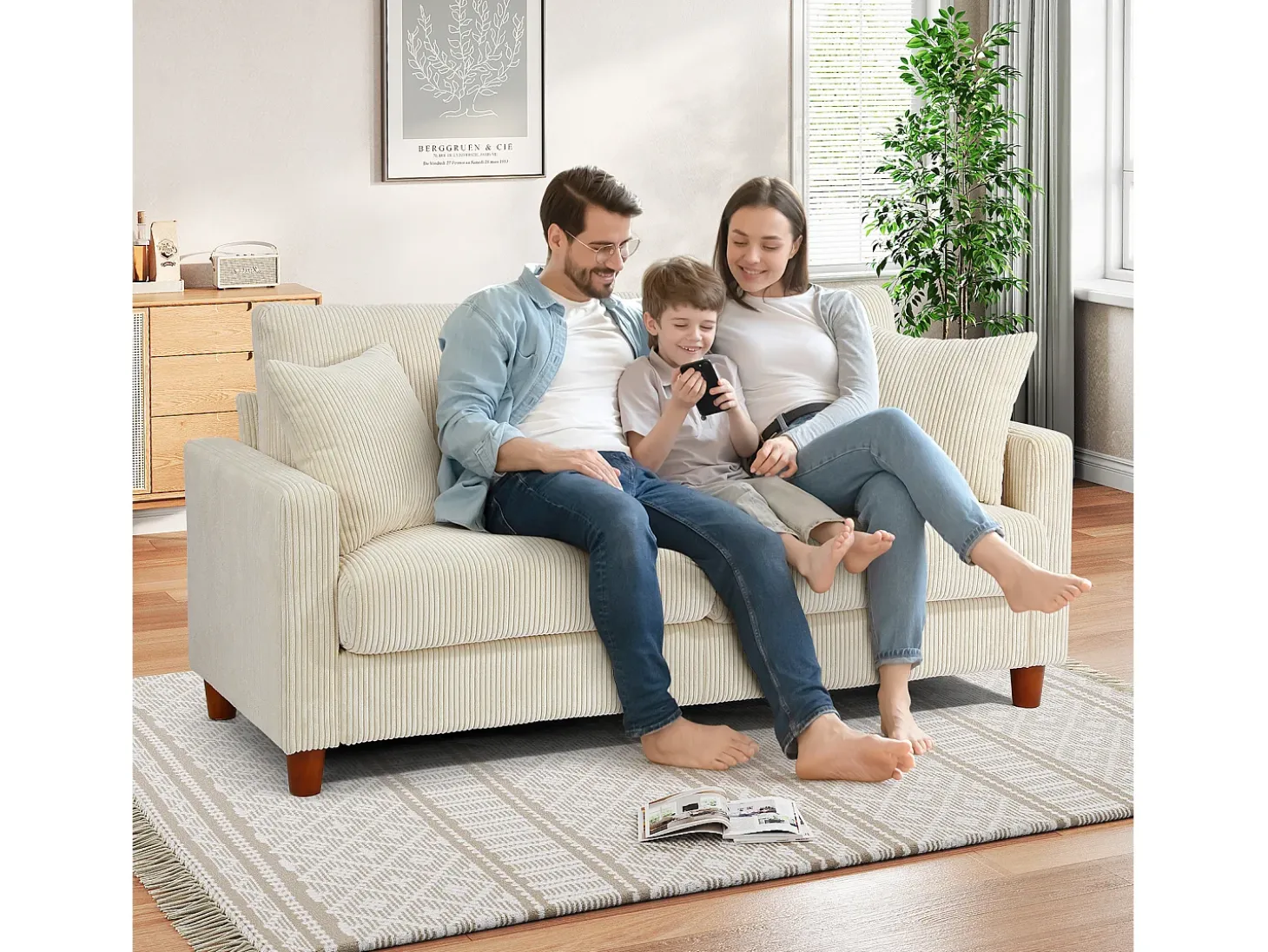 2 -Seater Velvet Sofa, con 2 cojines, asientos profundos de 56 cm, 178x76x89cm, beige