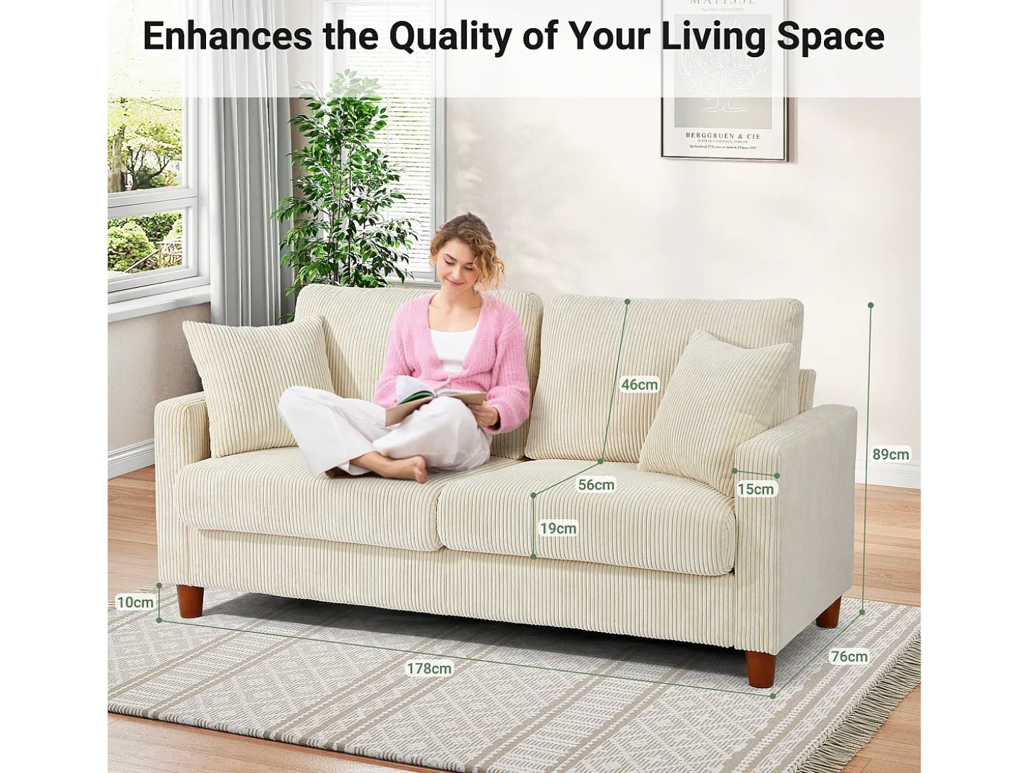 2 -Seater Velvet Sofa, con 2 cojines, asientos profundos de 56 cm, 178x76x89cm, beige