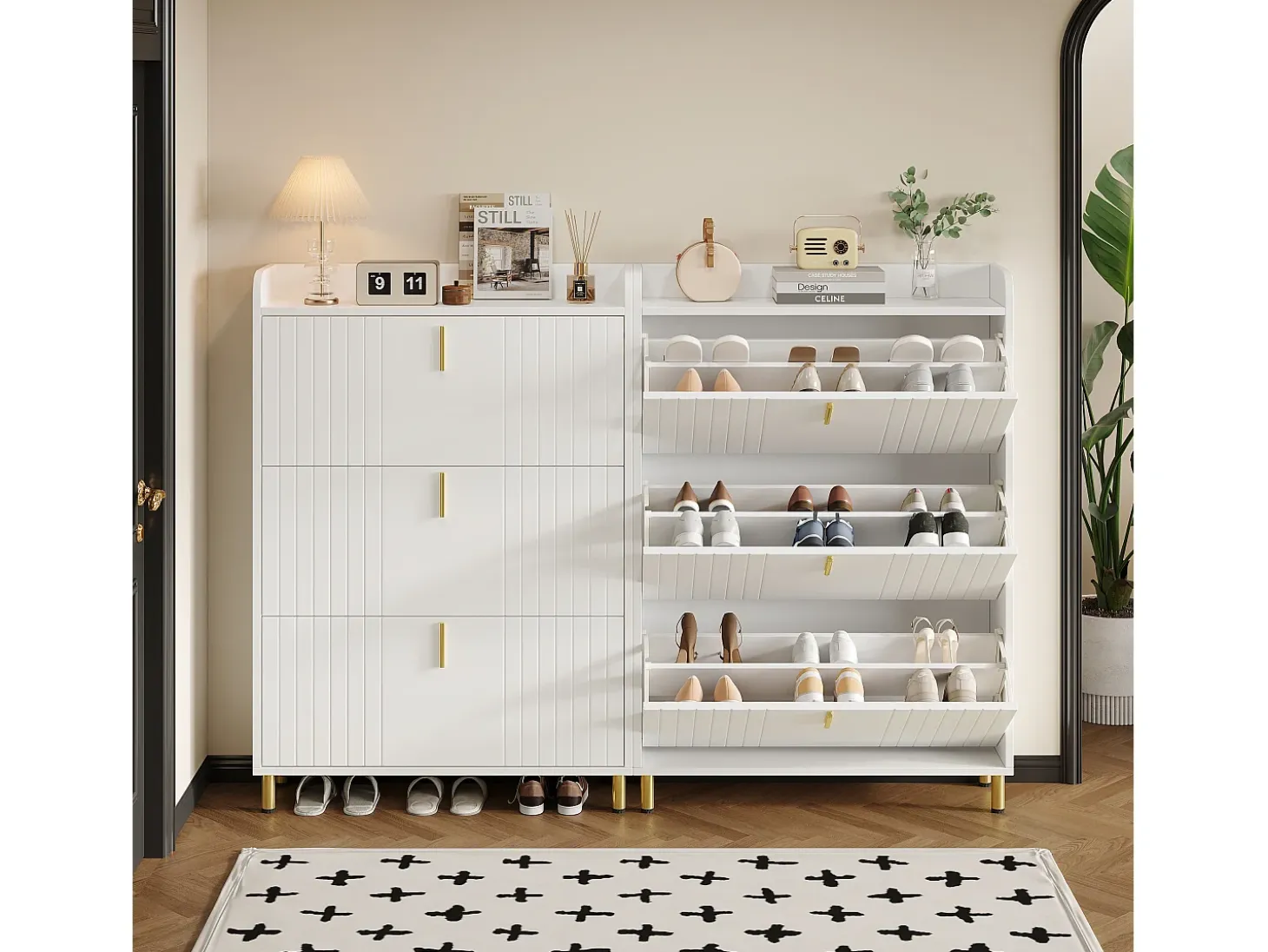 2 zapateros de 3 puertas - 2 x 80 x 23 x 123,5 cm - estante regulable con 6 compartimentos - MDF - blanco