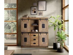 Alacena de estilo industrial en madera de mango y toques en metal