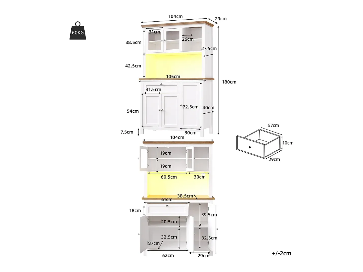 Aparador alto blanco - Aparador con 1 cajón y 5 puertas - Iluminación LED y almacenaje abierto - para cocina y salón