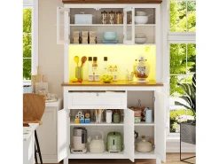 Aparador alto blanco - Aparador con 1 cajón y 5 puertas - Iluminación LED y almacenaje abierto - para cocina y salón