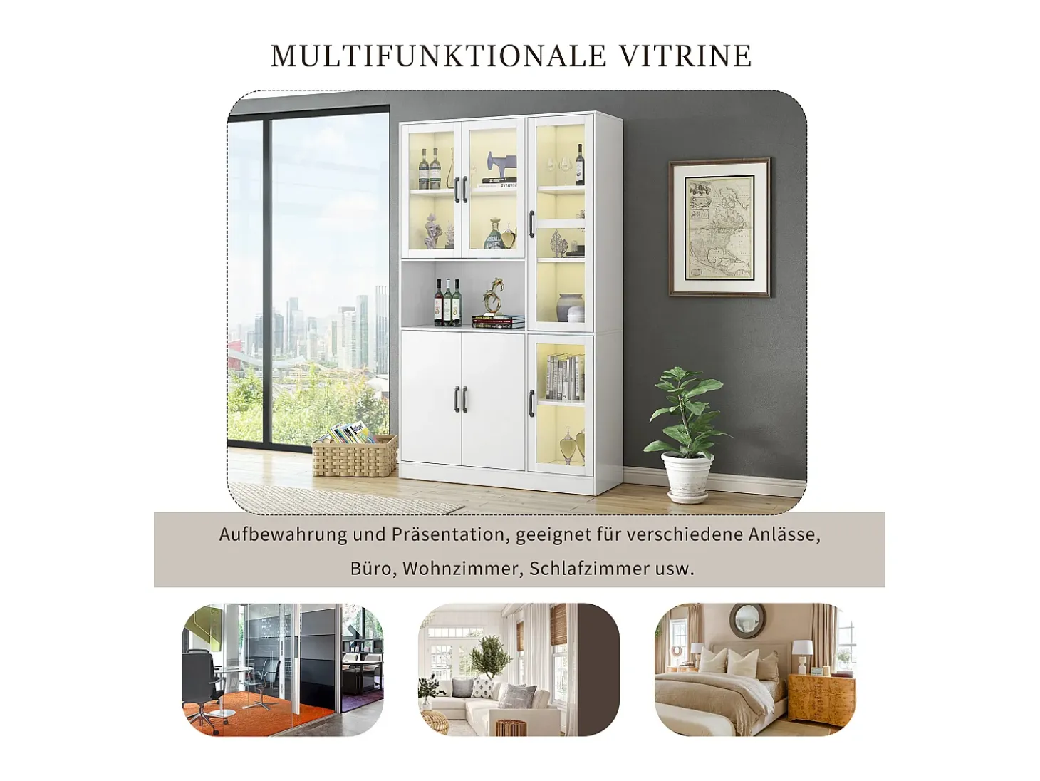 Aparador alto vitrina 6 puertas y 1 compartimento - LED - Madera MDF - Blanco - 120 x 40 x 200 cm