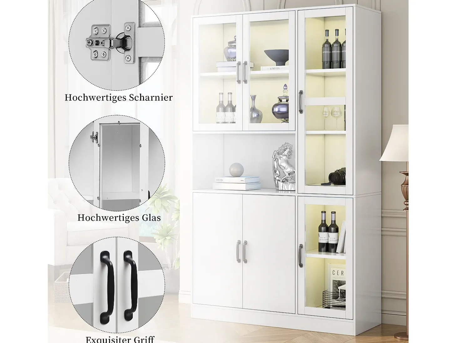 Aparador alto vitrina 6 puertas y 1 compartimento - LED - Madera MDF - Blanco - 120 x 40 x 200 cm