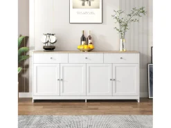 Aparador con veta de madera blanca, mueble de cocina con encimera, 160 x 37 x 75 cm, blanco