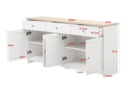 Aparador con veta de madera blanca, mueble de cocina con encimera, 160 x 37 x 75 cm, blanco