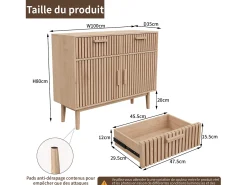 Aparador de madera maciza con 2 cajones y 2 puertas – Diseño nórdico, 100x35x80cm, color natural