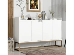 Aparador minimalista moderno de 120 cm con 4 puertas, estructura de metal y estantes ajustables – Blanco y dorado