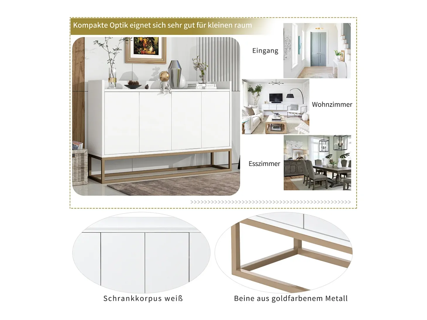 Aparador minimalista moderno de 120 cm con 4 puertas, estructura de metal y estantes ajustables – Blanco y dorado