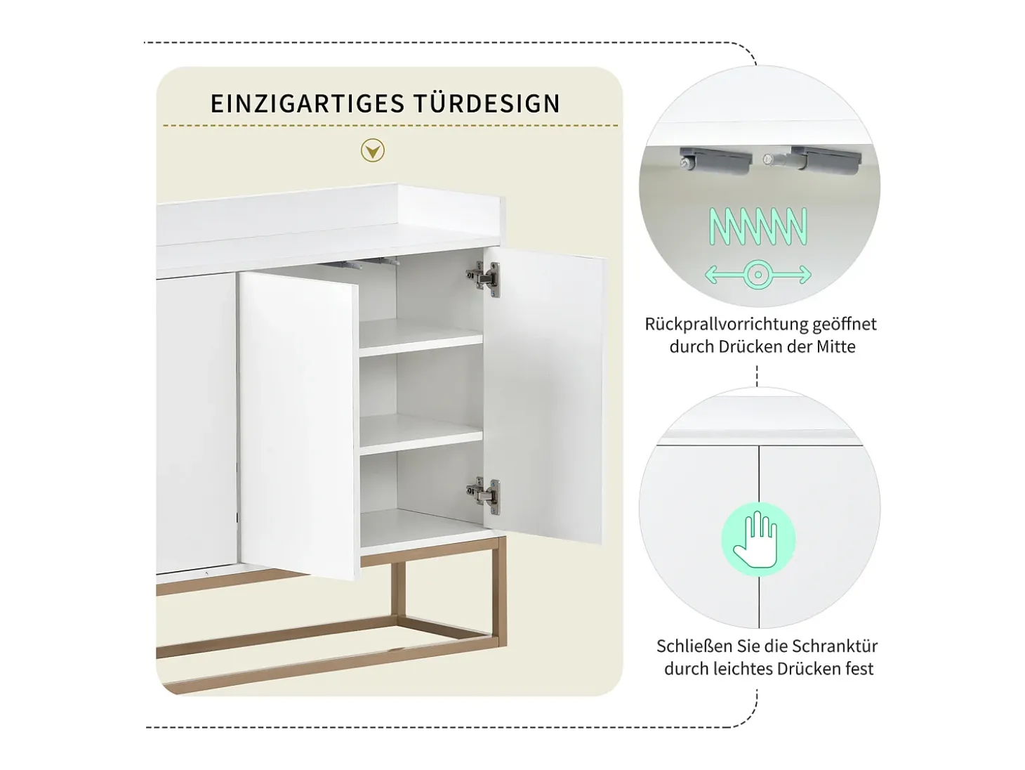 Aparador minimalista moderno de 120 cm con 4 puertas, estructura de metal y estantes ajustables – Blanco y dorado