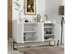 Aparador minimalista moderno de 120 cm con 4 puertas, estructura de metal y estantes ajustables – Blanco y dorado