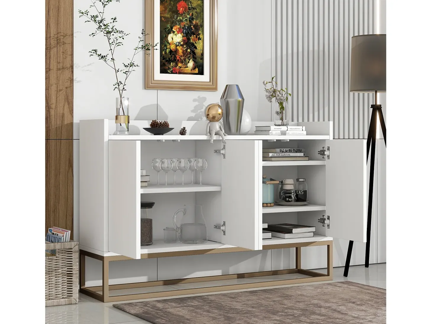 Aparador minimalista moderno de 120 cm con 4 puertas, estructura de metal y estantes ajustables – Blanco y dorado