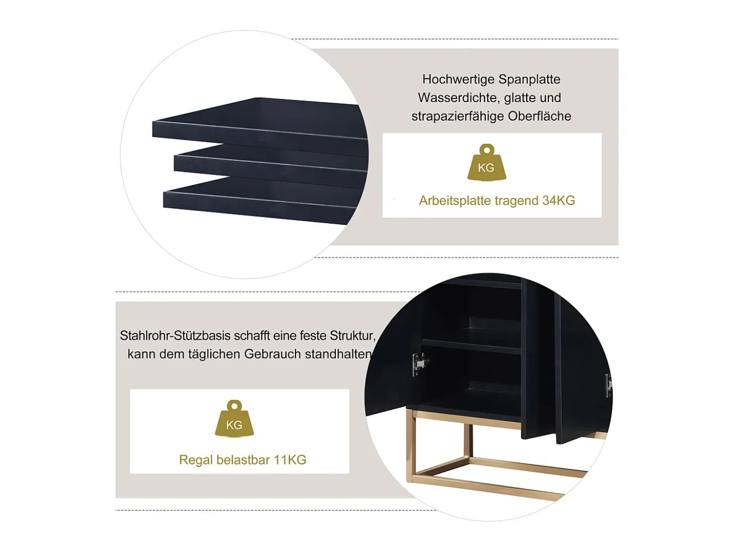 Aparador minimalista moderno de 120 cm con 4 puertas, estructura de metal y estantes ajustables – Negro y dorado