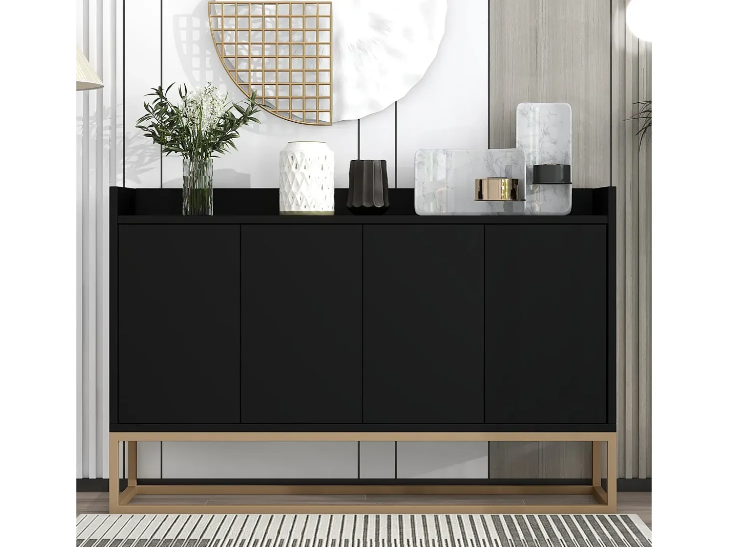 Aparador minimalista moderno de 120 cm con 4 puertas, estructura de metal y estantes ajustables – Negro y dorado