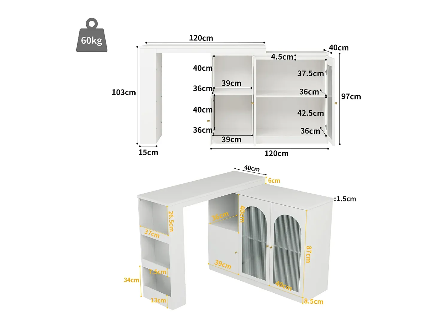 Aparador, Mueble bar giratorio de MDF - gran espacio de almacenamiento - estilo contemporáneo - Blanco
