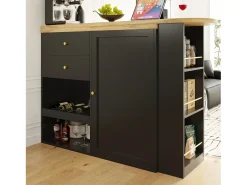 Aparador, Mueble bar giratorio y retráctil - 2 cajones y 6 compartimentos - Negro