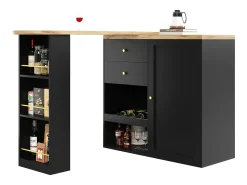 Aparador, Mueble bar giratorio y retráctil - 2 cajones y 6 compartimentos - Negro