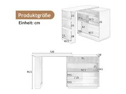 Aparador/bar extensible giratorio - 120 x 50 x 95,5 cm - con puerta + estantes + LED + 2 cajones - MDF - blanco