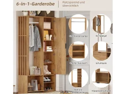 Armario 6 en 1 - 100 x 33 x 190 cm - con espejo + perchero + 2 puertas - aglomerado - natural