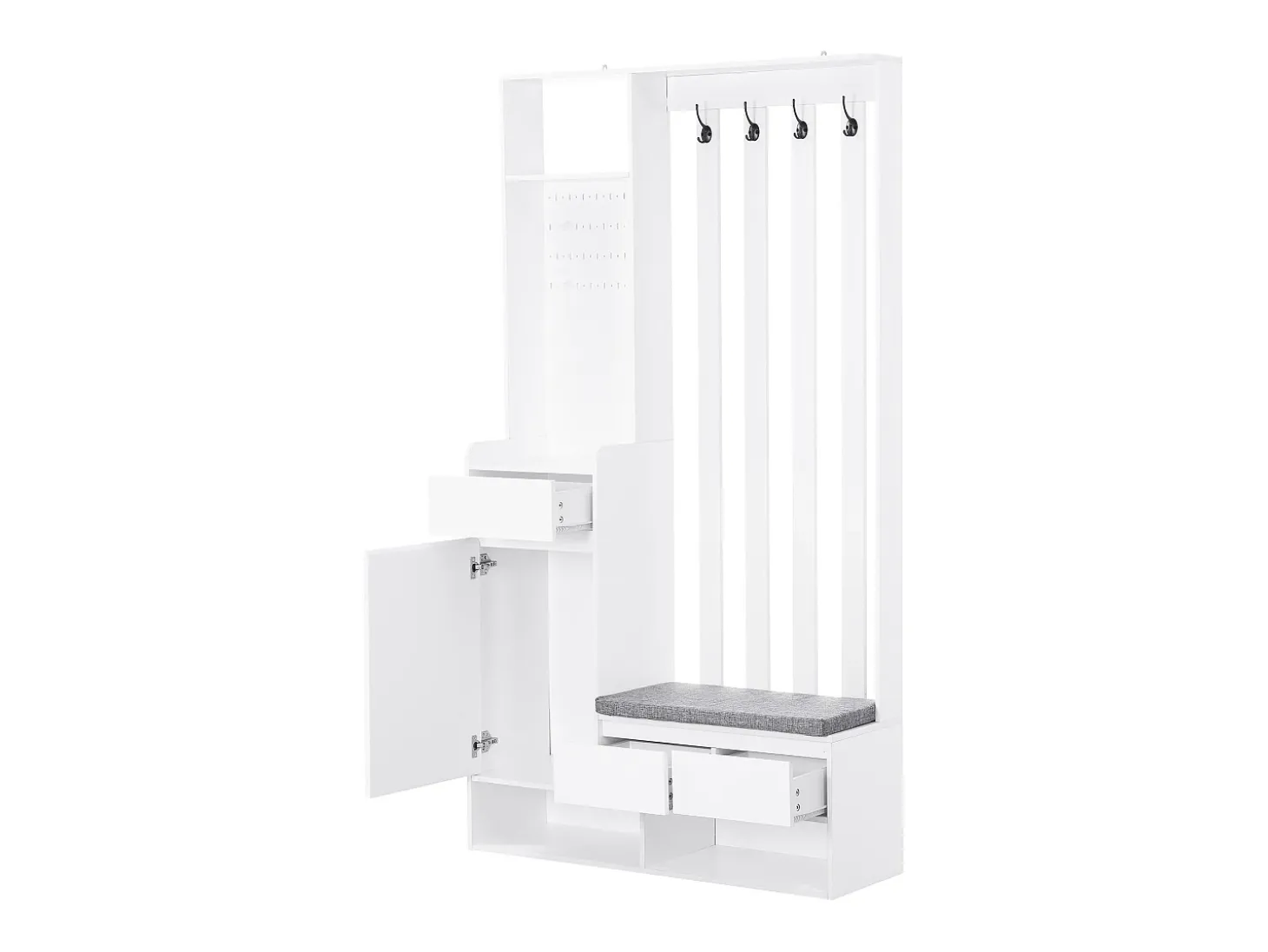 Armario blanco con 3 cajones, 1 puerta, 4 ganchos y tablero perforado, 100 x 35 x 180 cm