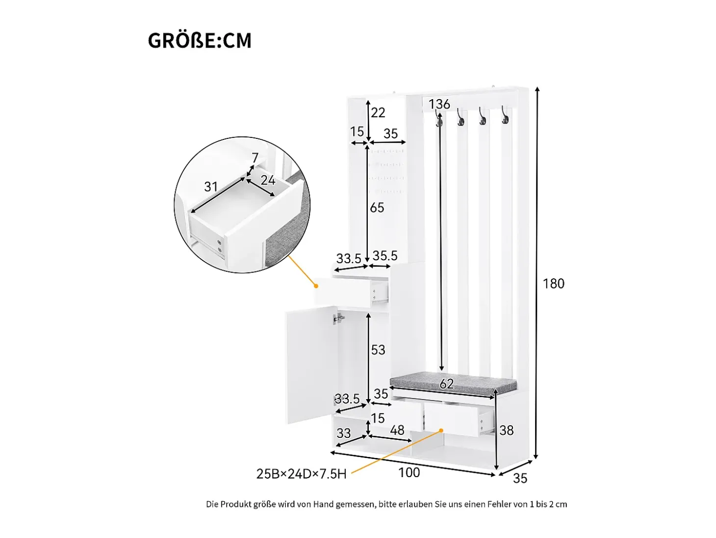 Armario blanco con 3 cajones, 1 puerta, 4 ganchos y tablero perforado, 100 x 35 x 180 cm