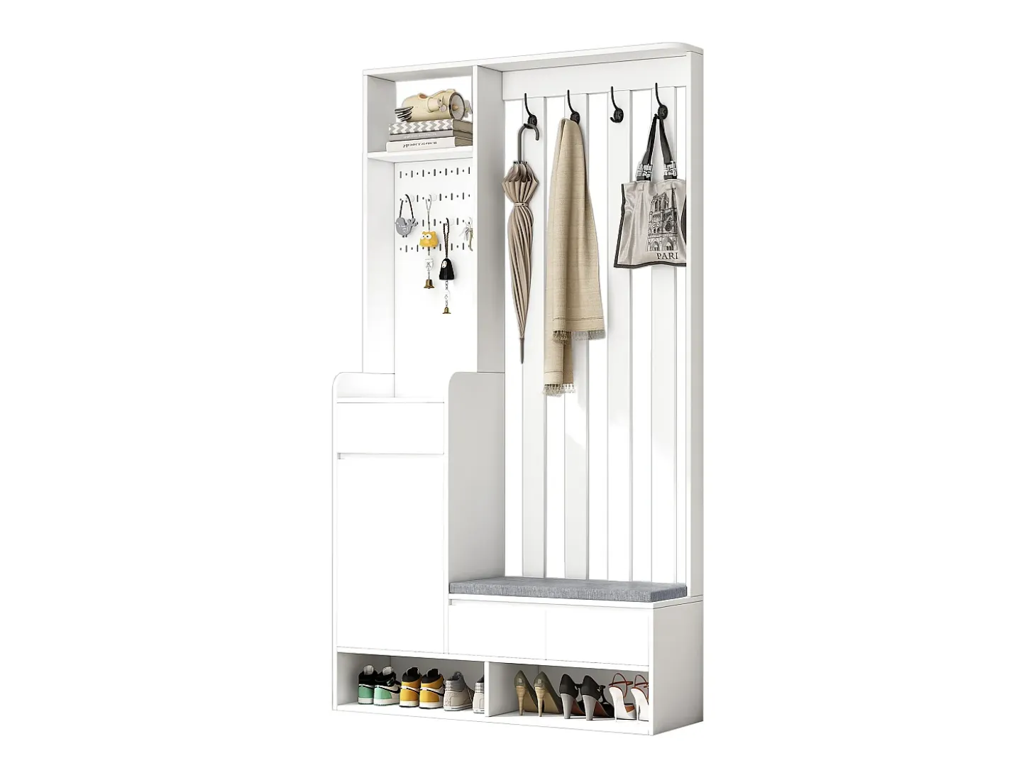 Armario blanco con 3 cajones, 1 puerta, 4 ganchos y tablero perforado, 100 x 35 x 180 cm