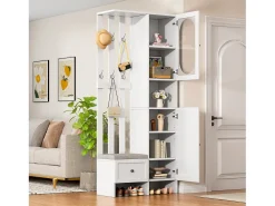 Armario blanco con 2 puertas, cajón, colgadores y banqueta, puerta de cristal 85x33,5x200cm