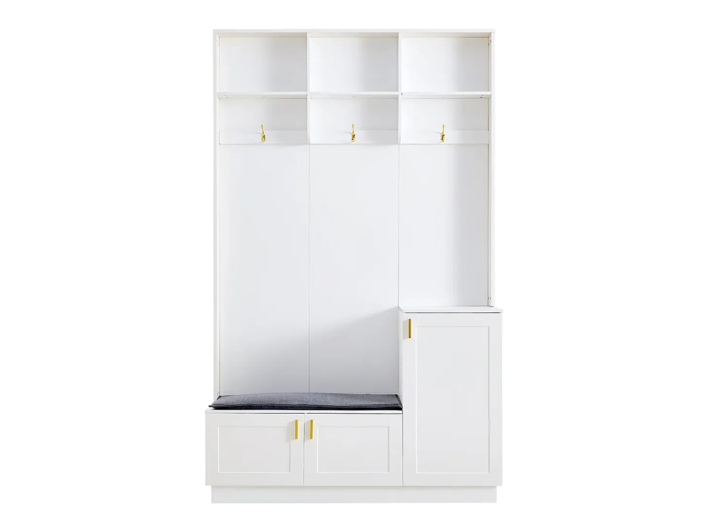 Armario blanco con 3 puertas, 3 ganchos y almacenaje abierto, 120x40x200 cm