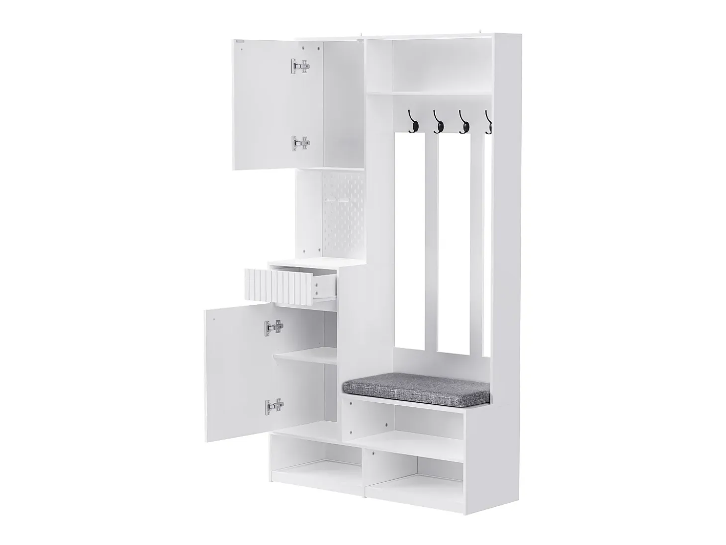 Armario blanco con 2 puertas, 1 cajón, 4 ganchos y 1 banco, 100x30x180cm