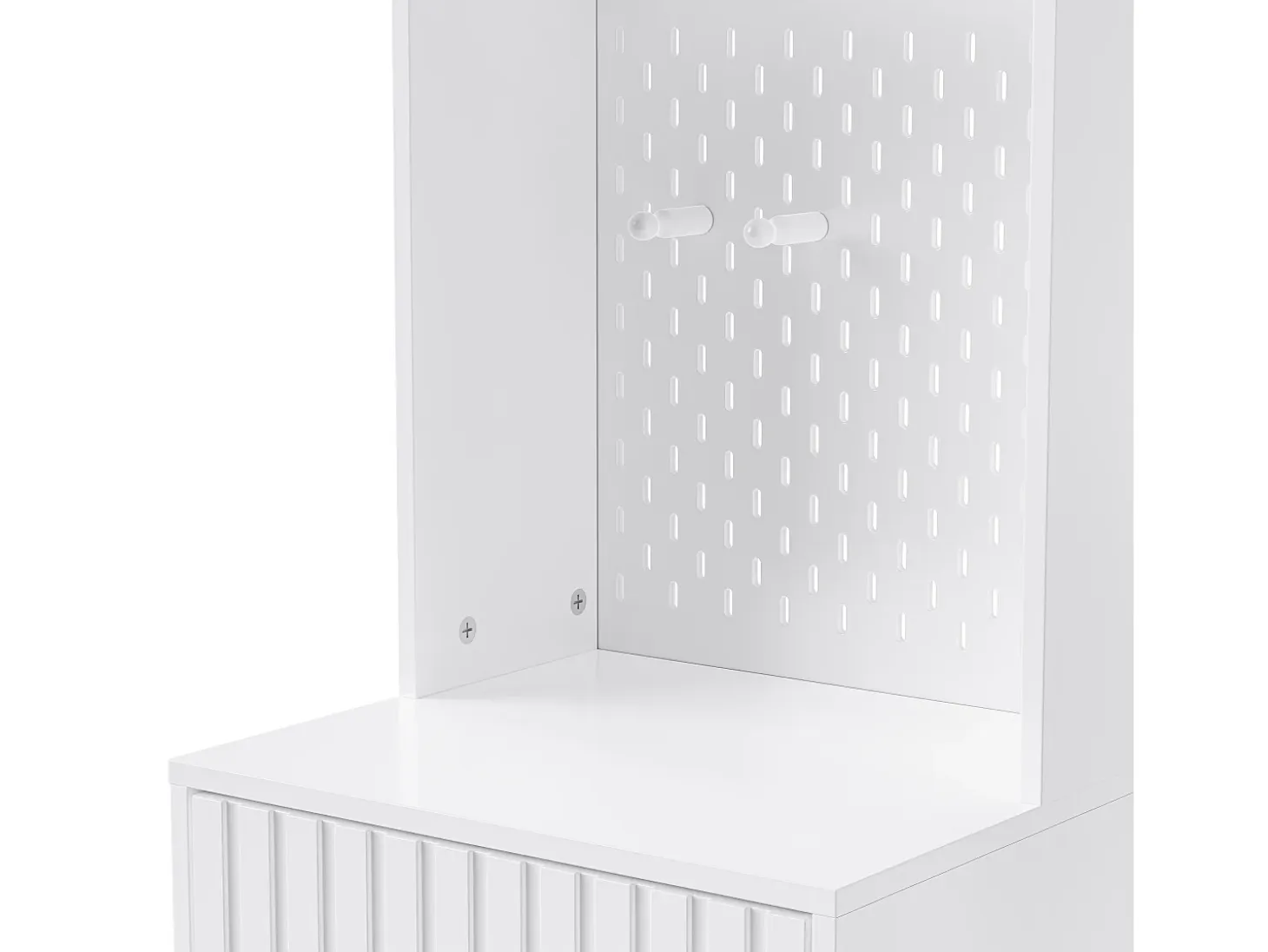 Armario blanco con 2 puertas, 1 cajón, 4 ganchos y 1 banco, 100x30x180cm