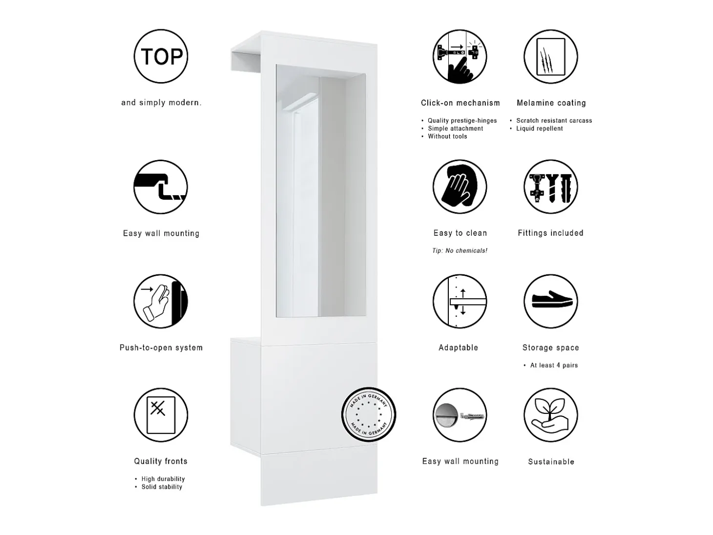 Armario Carlton Neo, Perchero de pared con panel de vestíbulo, espejo, barra para ropa y armario de pared, blanco mate (52 x 193 x 35 cm)
