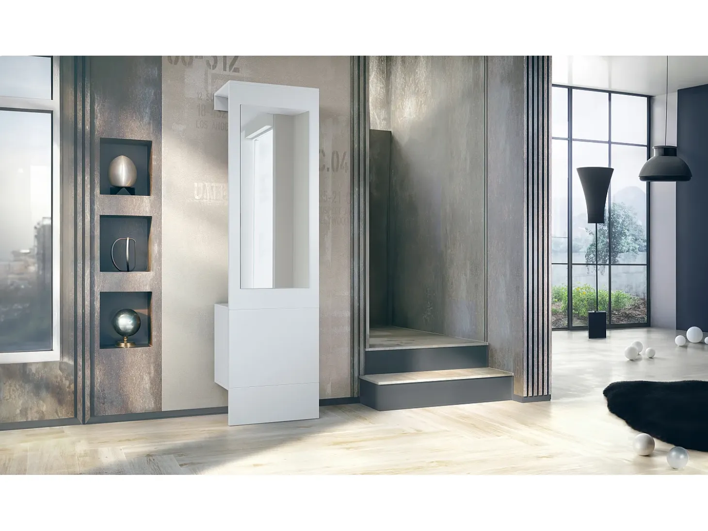 Armario Carlton Neo, Perchero de pared con panel de vestíbulo, espejo, barra para ropa y armario de pared, blanco mate (52 x 193 x 35 cm)