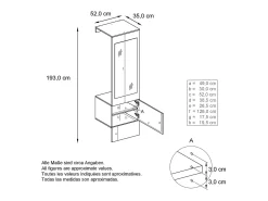 Armario Carlton Neo, Perchero de pared con panel de vestíbulo, espejo, barra para ropa y armario de pared, blanco mate (52 x 193 x 35 cm)