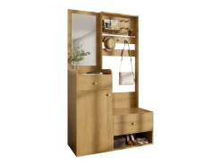 Armario con espejo - 105 x 38 x 180 cm - con ganchos + 2 cajones + 1 puerta - aglomerado - natural
