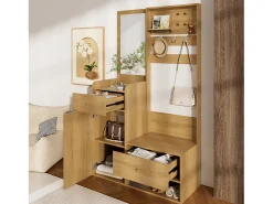 Armario con espejo - 105 x 38 x 180 cm - con ganchos + 2 cajones + 1 puerta - aglomerado - natural