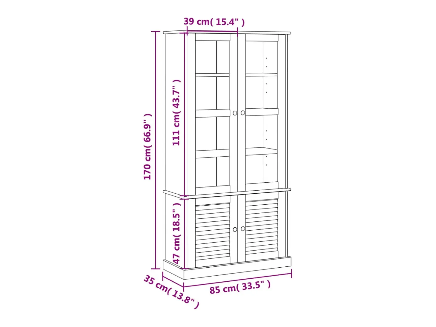 Armario con vitrina VIGO madera maciza pino blanco 85x35x170 cm