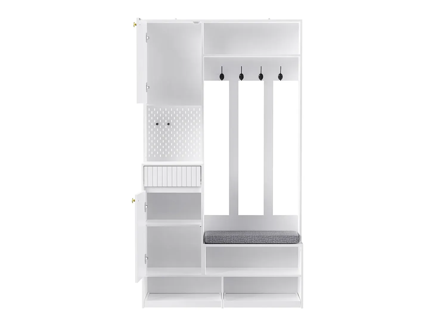 Armario de entrada completo con banco, 4 ganchos, puertas y cajones, MDF, blanco (100x180x35cm)