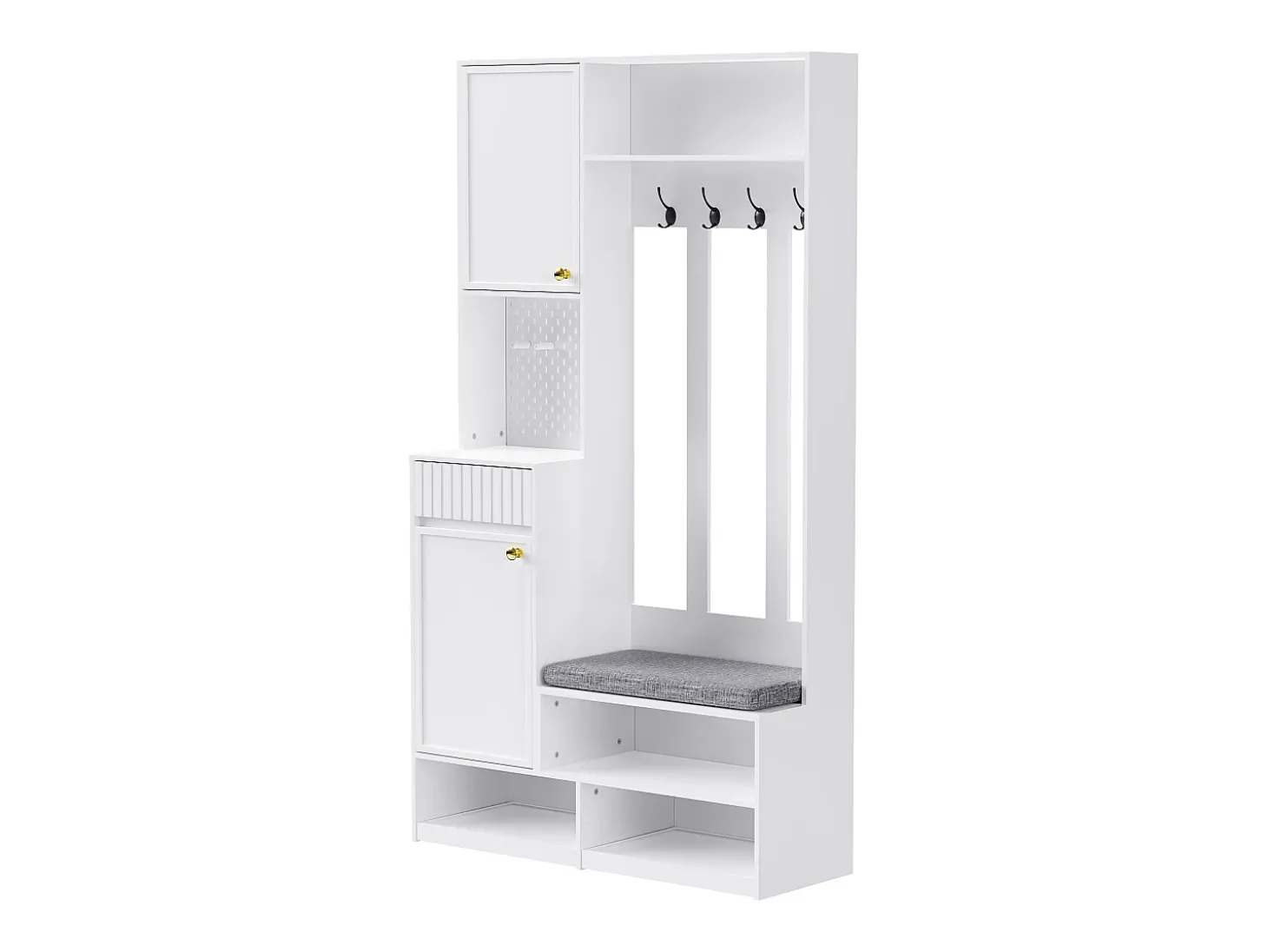 Armario de entrada completo con banco, 4 ganchos, puertas y cajones, MDF, blanco (100x180x35cm)
