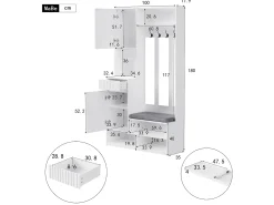 Armario de entrada completo con banco, 4 ganchos, puertas y cajones, MDF, blanco (100x180x35cm)