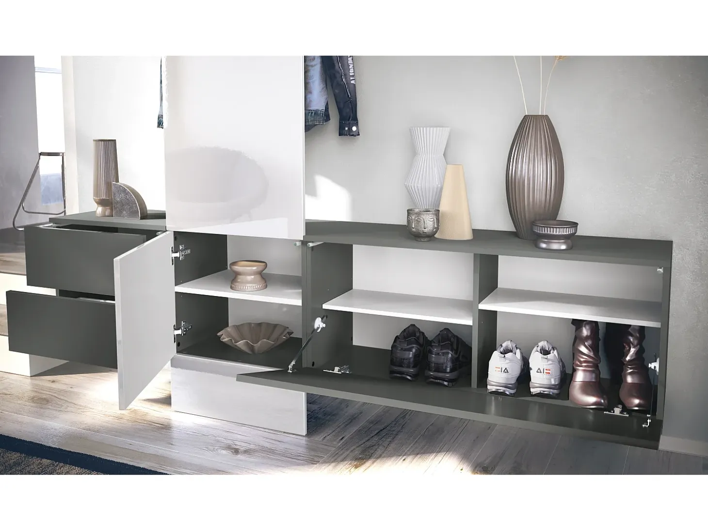 Armario de pared Carlton Set 1, Cuerpo en antracita mate / Panel en hormigón oxidado (208 x 193 x 35 cm)