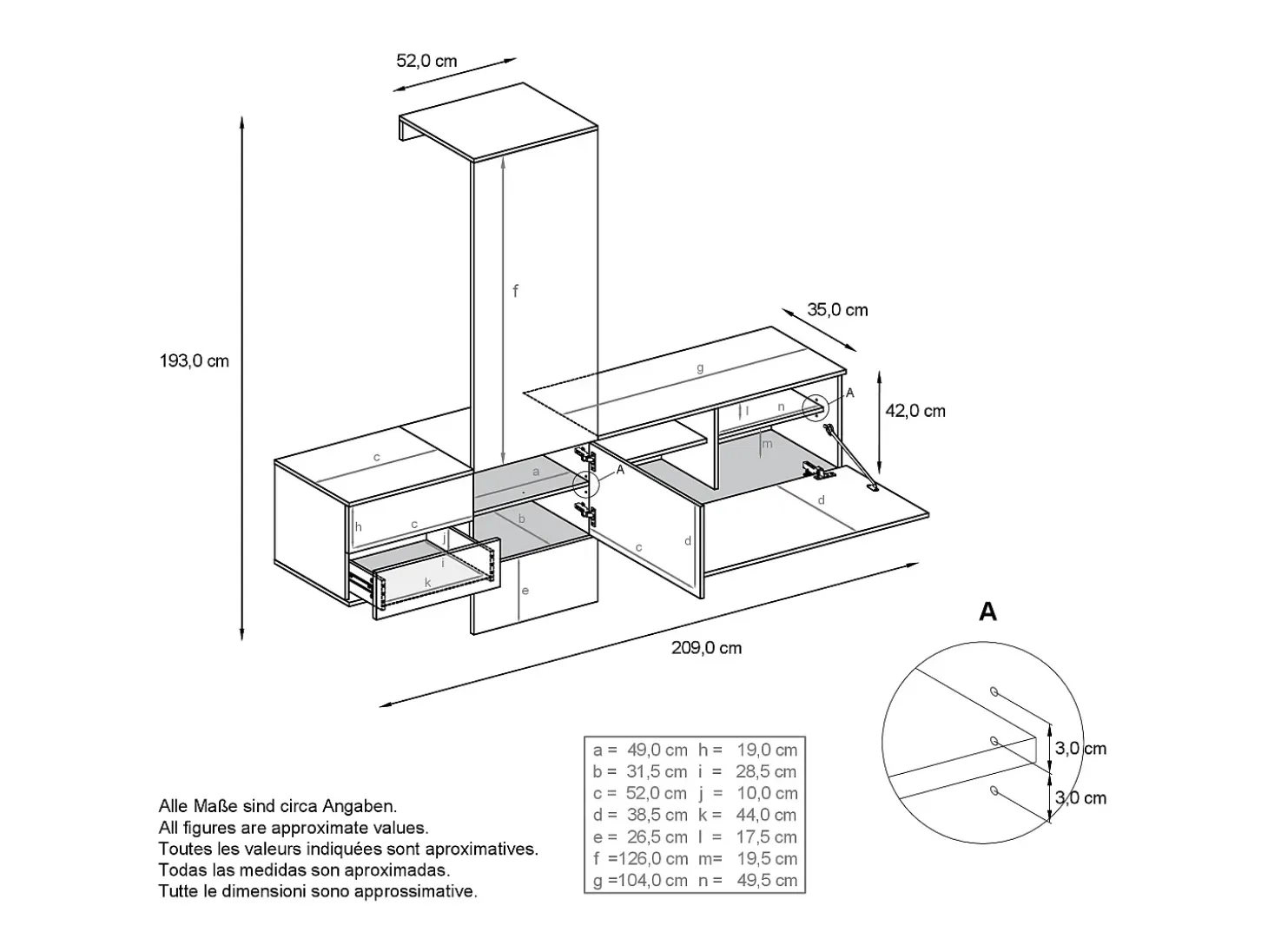 Armario de pared Carlton Set 1, Cuerpo en antracita mate / Panel en hormigón oxidado (208 x 193 x 35 cm)