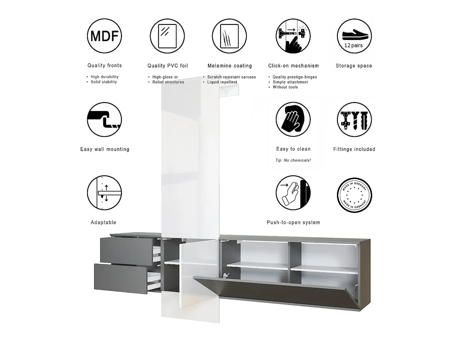 Armario de pared Carlton Set 1, Cuerpo en antracita mate / Panel en hormigón oxidado (208 x 193 x 35 cm)