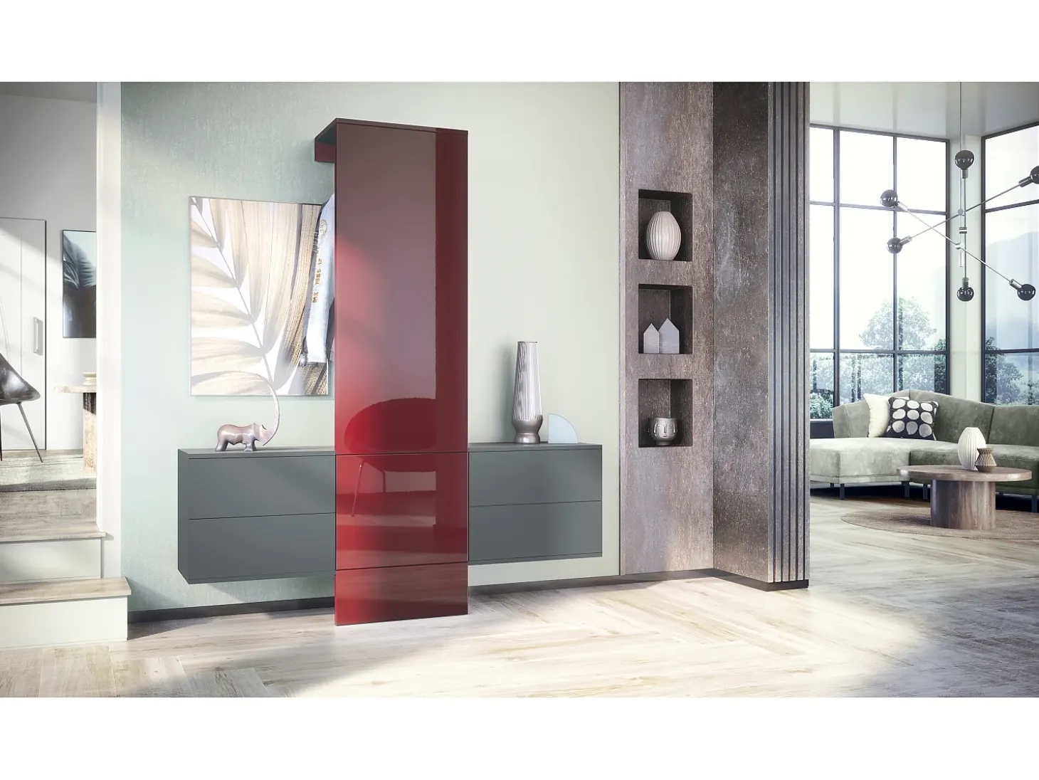Armario de pared Carlton Set 3, Cuerpo en antracita mate / Panel en burdeos de alto brillo (157 x 193 x 35 cm)
